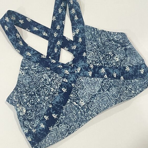 ~ Ecote Lg Boho Crop Top Blue Paisley Pattern Navy Adjustable Convertible Beachy - Picture 3 of 16